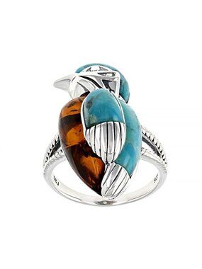 Blue Turquoise Natural Amber Sterling Silver Bird Ring Size 8